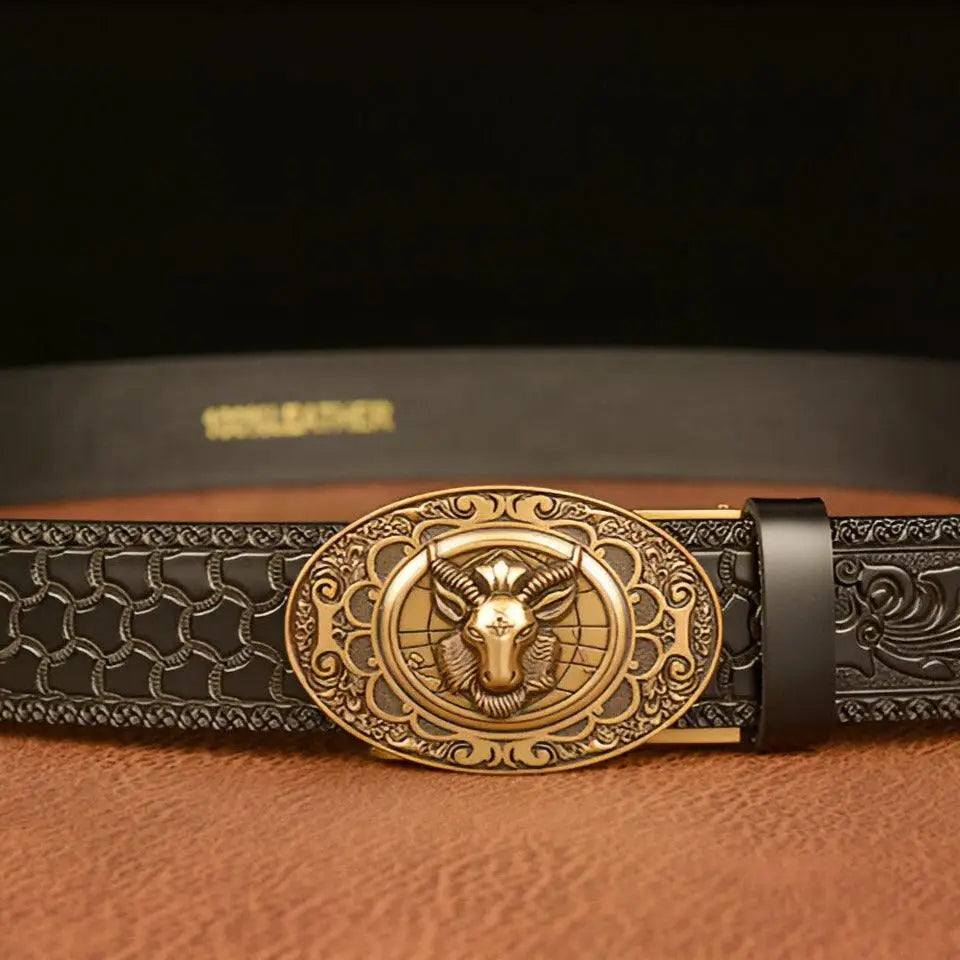 Embossed leather Cody Belt with ornate gold goat buckle for stylish menswear