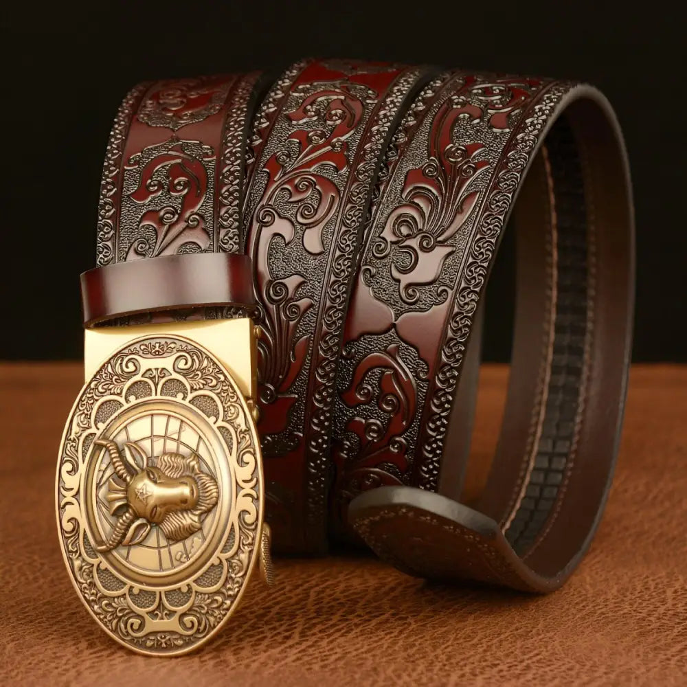 Embossed leather Cody Belt with ornate gold ram buckle for stylish accessories