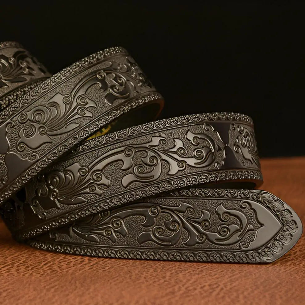 Ornate dark metal belt with gold ram buckle from Cody Belt Black Leather collection