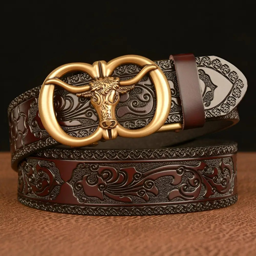 Embossed leather belt with bull buckle featuring esprit animal style for ceinture esprit animal