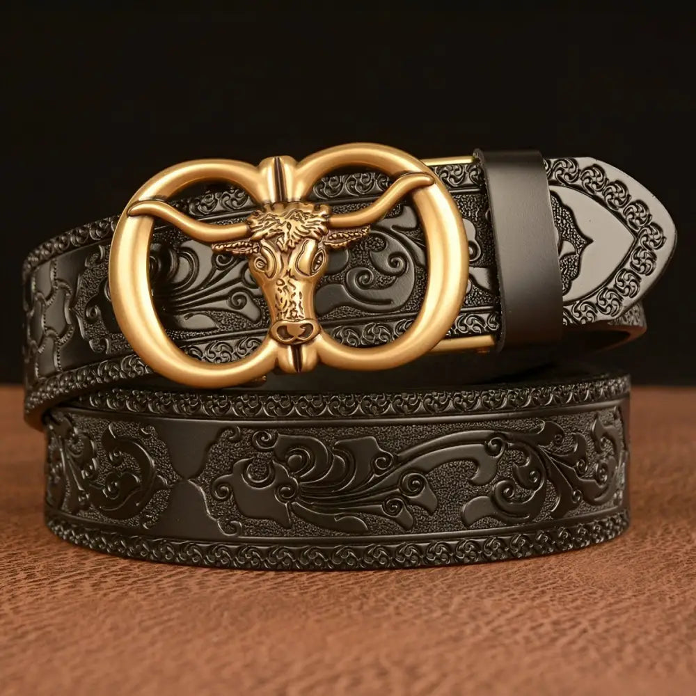 Embossed black leather belt with bull head motif for Esprit Animal style ceinture Esprit Animal
