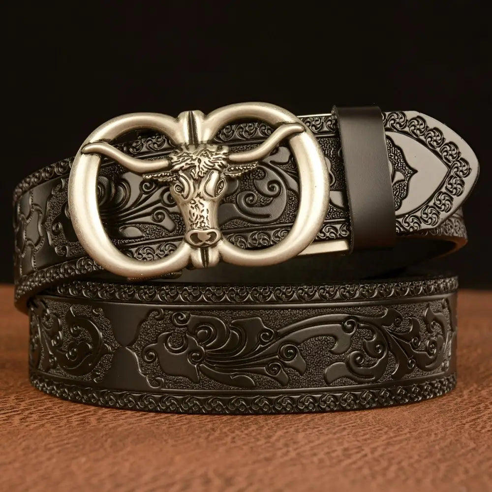 Embossed black leather belt with bull buckle for Esprit Animal style ceinture esprit animal