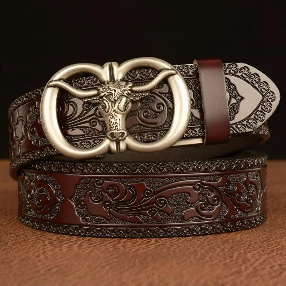 Embossed leather belt with bull buckle for Esprit Animal style, perfect ceinture esprit animal
