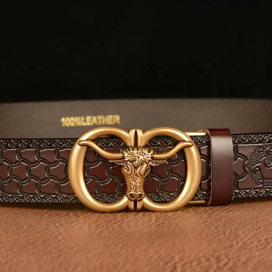 Embossed leather belt with bull head motif for Esprit Animal style, ceinture Esprit Animal
