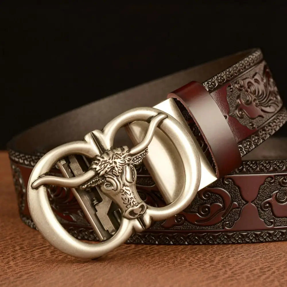 Embossed leather belt with bull buckle for Esprit Animal style, perfect ceinture esprit animal
