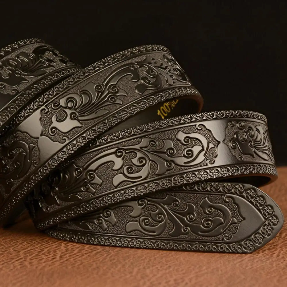 Embossed dark leather belt with bull head motif for Esprit Animal style, ceinture esprit animal