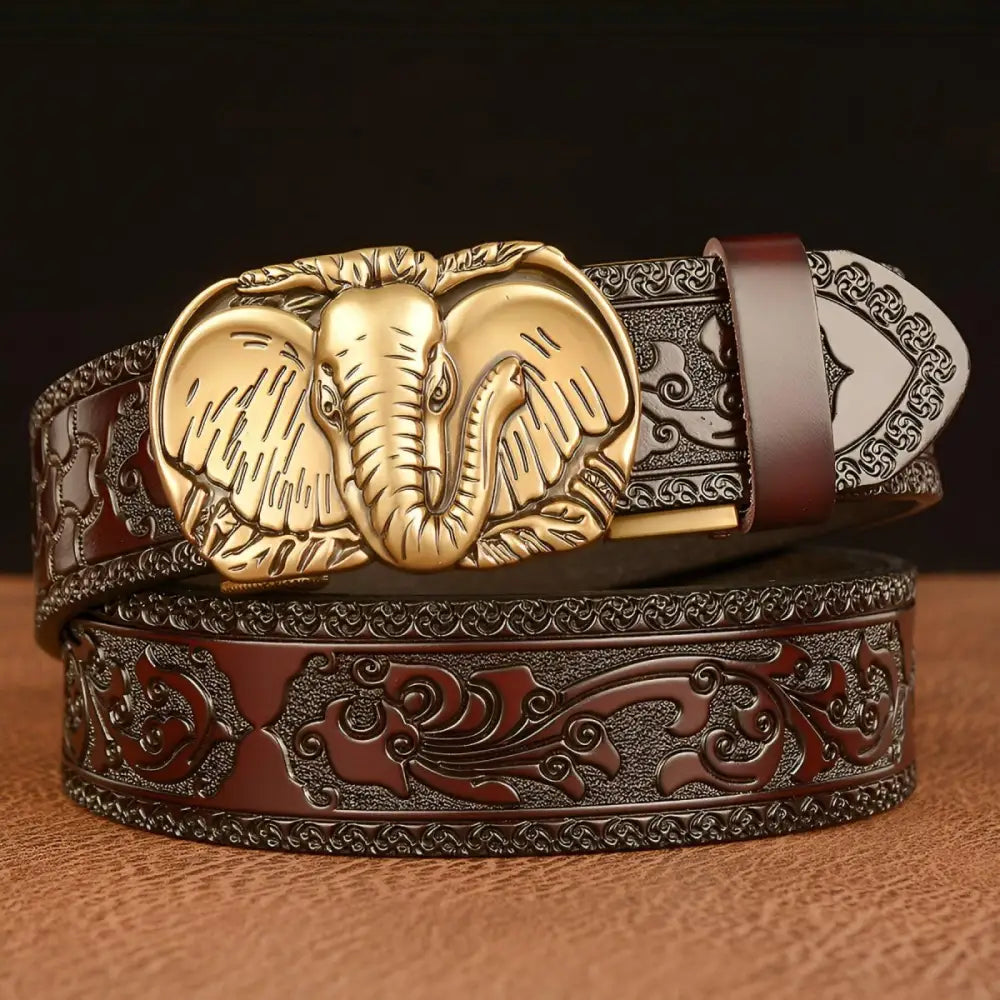Embossed leather animal spirit belt with elephant buckle from Spirit Belt Model Rowen in black and brown