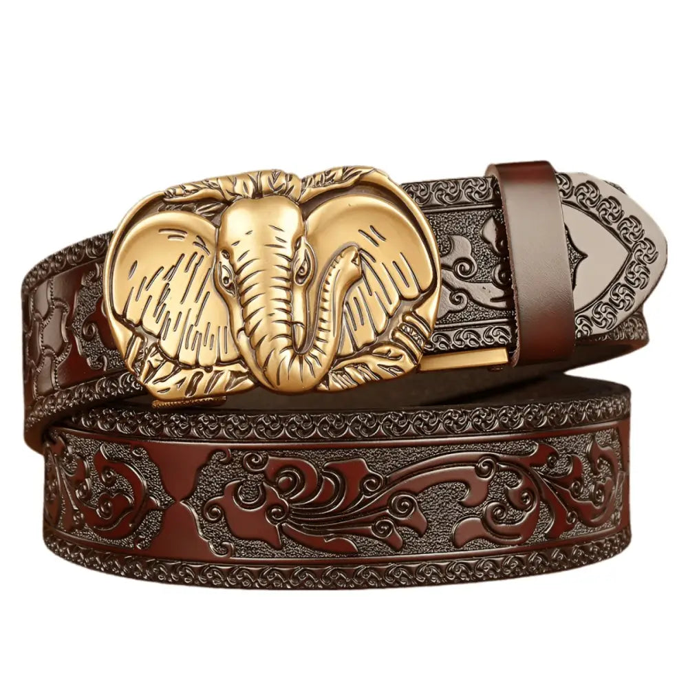 Animal spirit belt model Rowen with elephant buckle in black and brown leather display