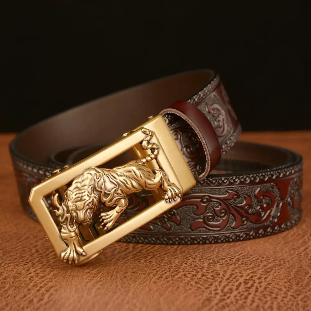 Embossed leather belt featuring a detailed Tiger Buckle for stylish accessories