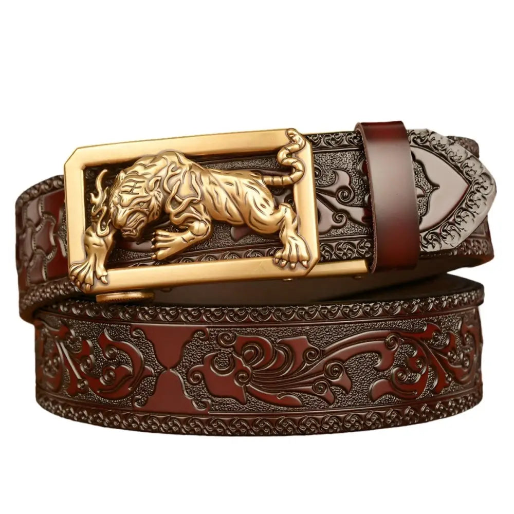 Embossed leather belt featuring a detailed tiger-shaped buckle for a stylish accessory