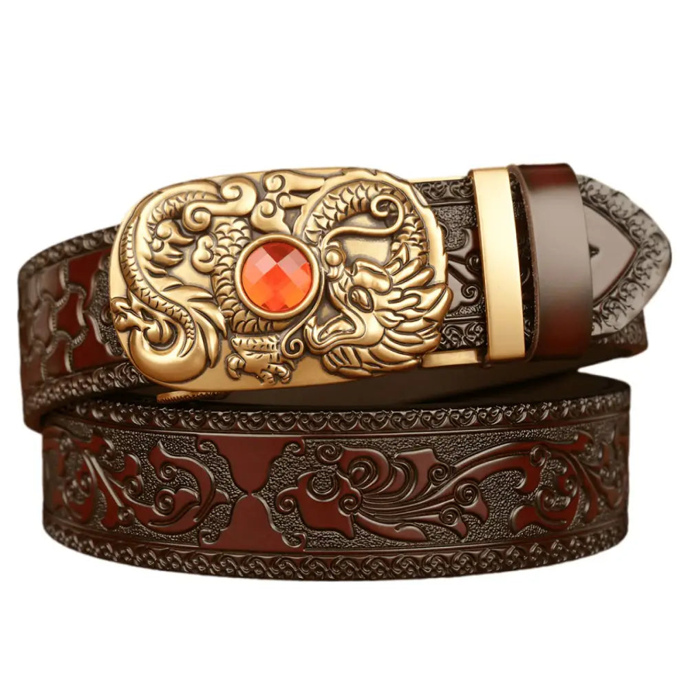 Finley Belt with embossed leather and dragon buckle for a stylish accessory