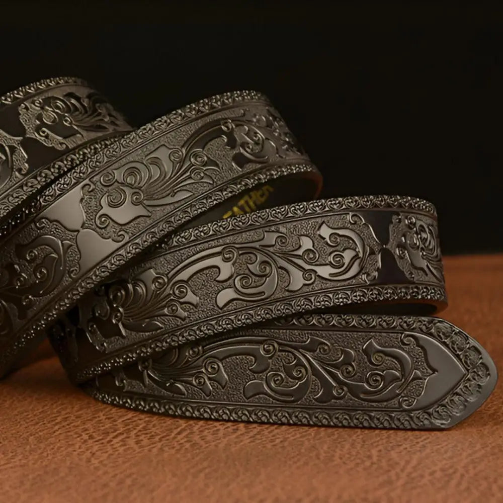 Finley Belt with Embossed Leather and Dragon Buckle showcasing premium craftsmanship