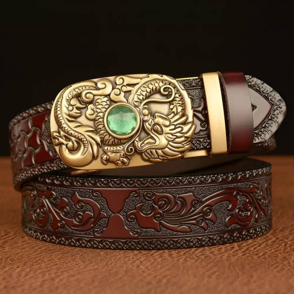 Finley Belt with embossed leather and dragon buckle for a stylish, high-quality accessory