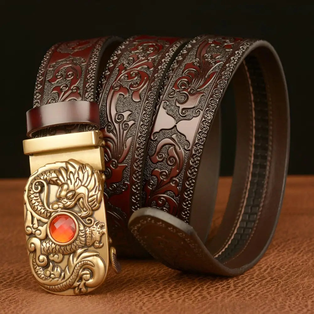 Finley Belt with Embossed Leather and Dragon Buckle, premium men’s accessory