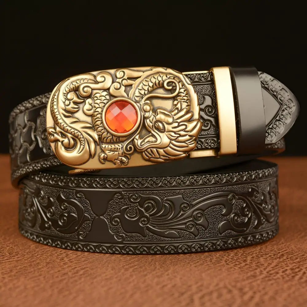 Finley Belt with Embossed Leather and Dragon Buckle for stylish men’s accessories