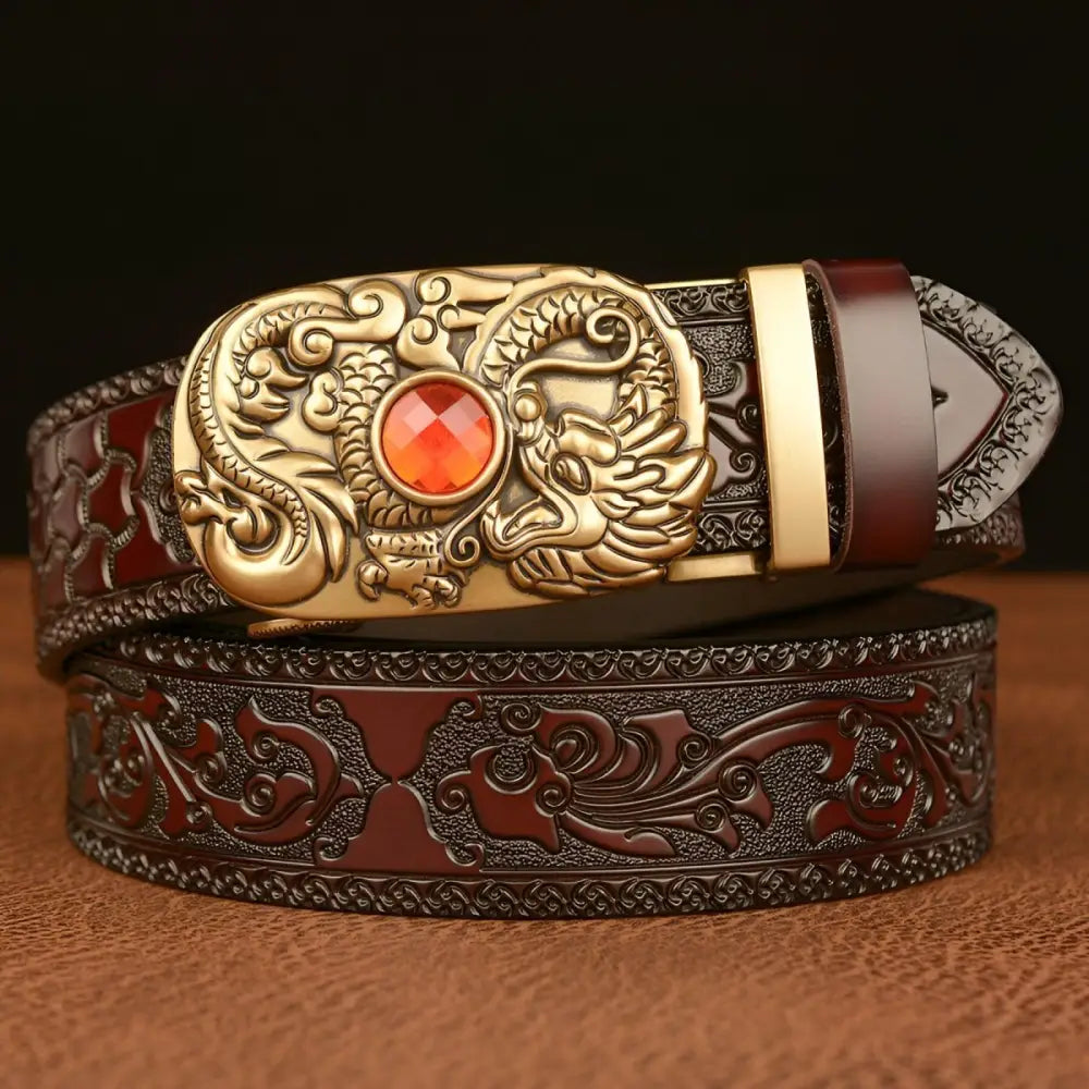 Finley Belt with embossed leather and dragon buckle for stylish accessory enhancement