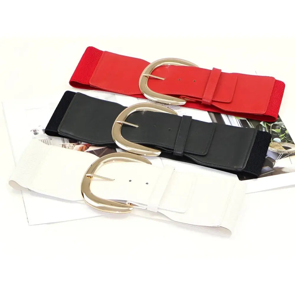 Three wide black and red belts with large gold buckles, ideal for extra large xxl sizes