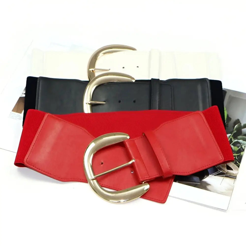 Three wide black and red belts with large gold buckles, ideal for extra large XXL sizes