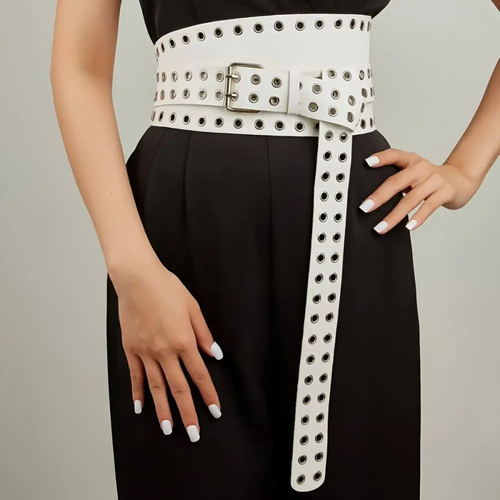 White Grommet Belt from the XXL Oriane Belt collection in leather and fabric options