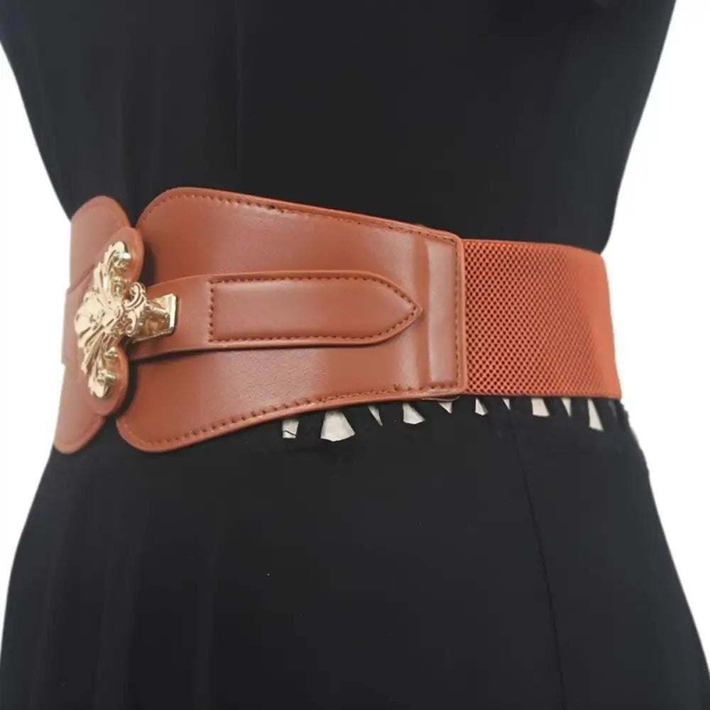 Brown elastic waist belt with gold embellishment for extra large XXL sizes