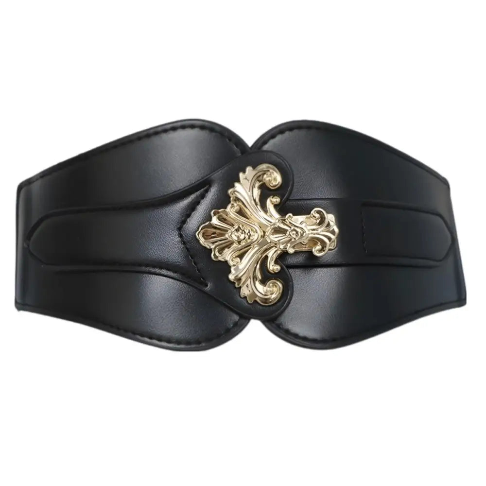 Black leather belt with gold ornate buckle from Elegant Leather Belts for Extra Large XXL sizes
