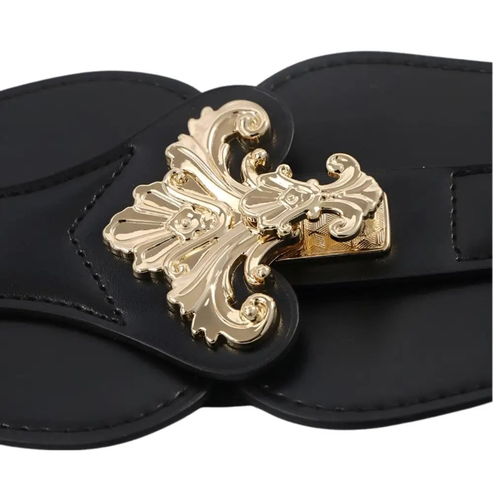 Elegant leather belt with black color and gold ornate buckle for extra large XXL sizes