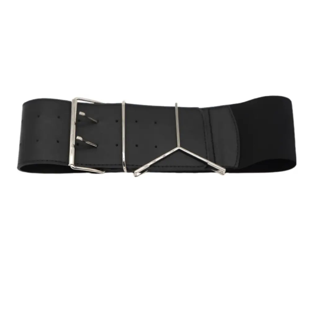 Wide black extra large XXL elastic belt with silver metal buckle for large waist sizes