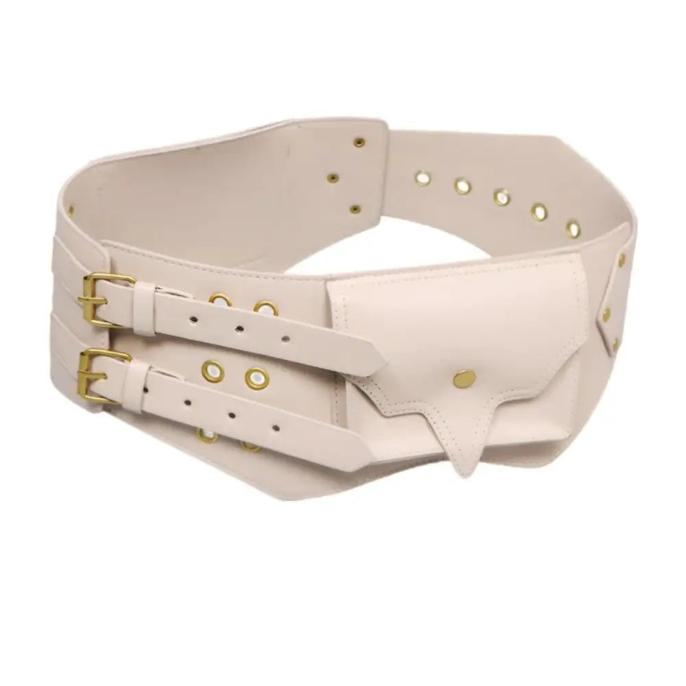 Wide off-white leather belt with gold buckles and pouch from Faux Leather Corset and Wide Belt Collection