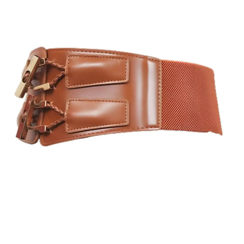 Brown corset belt for extra large waist, featuring gold buckles and adjustable fit