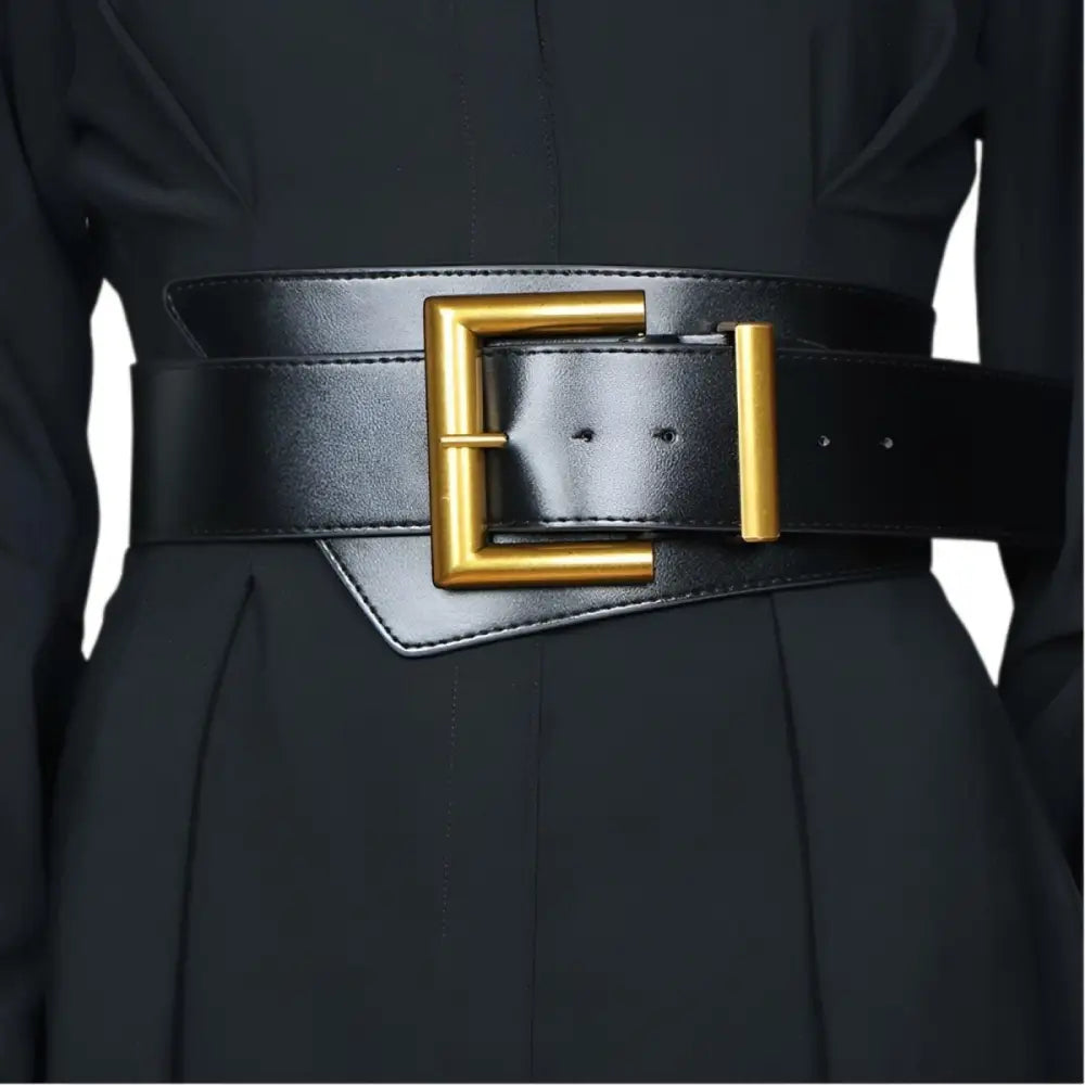 Wide black leather belt with gold buckle from Large XXL Black and Brown Leather Belts collection