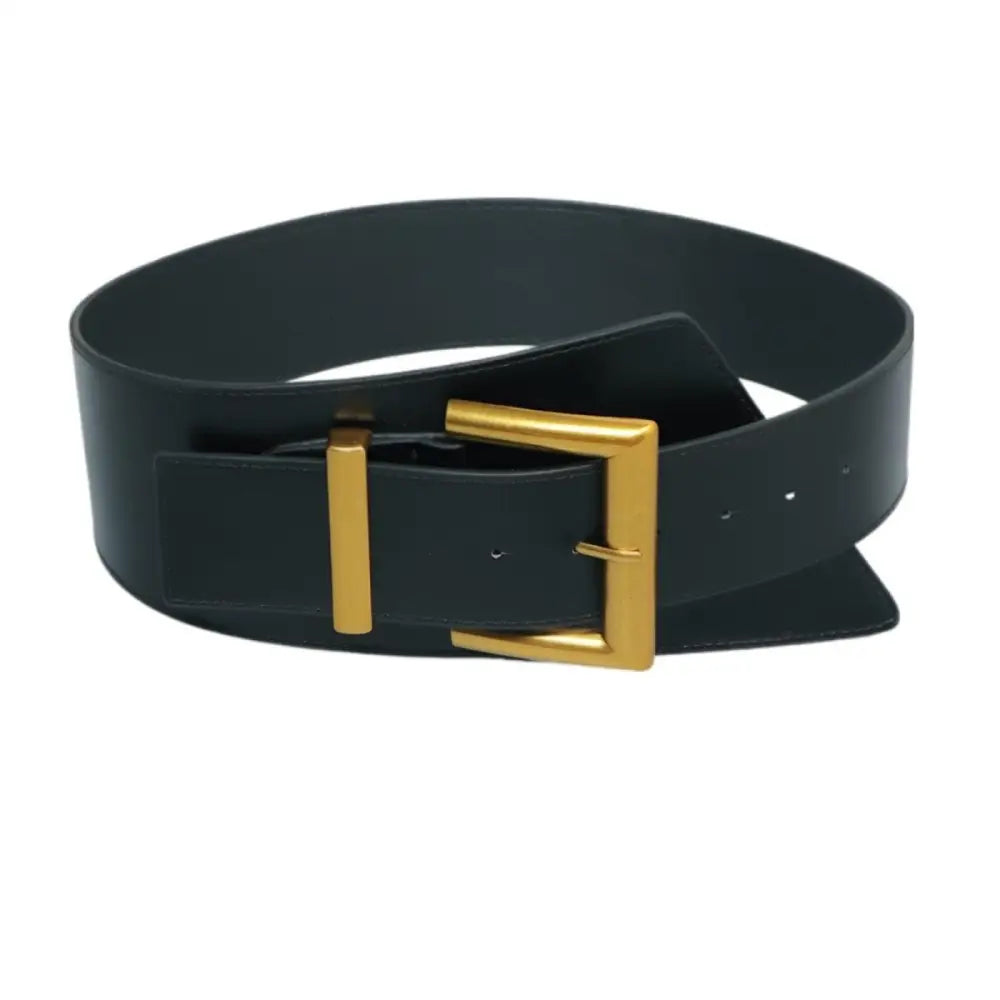Large XXL black leather belt with gold buckle for extra large waist sizes
