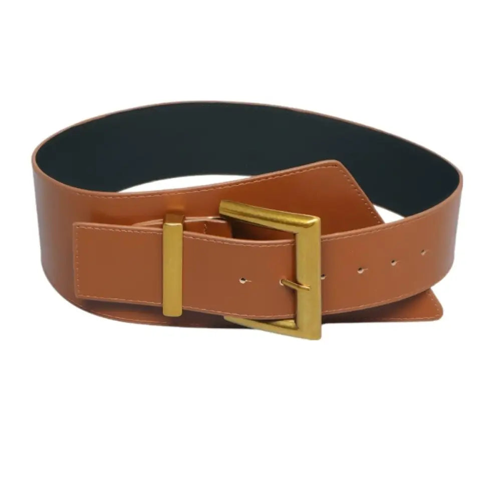 Large XXL brown leather belt with gold buckle for extra large waist sizes