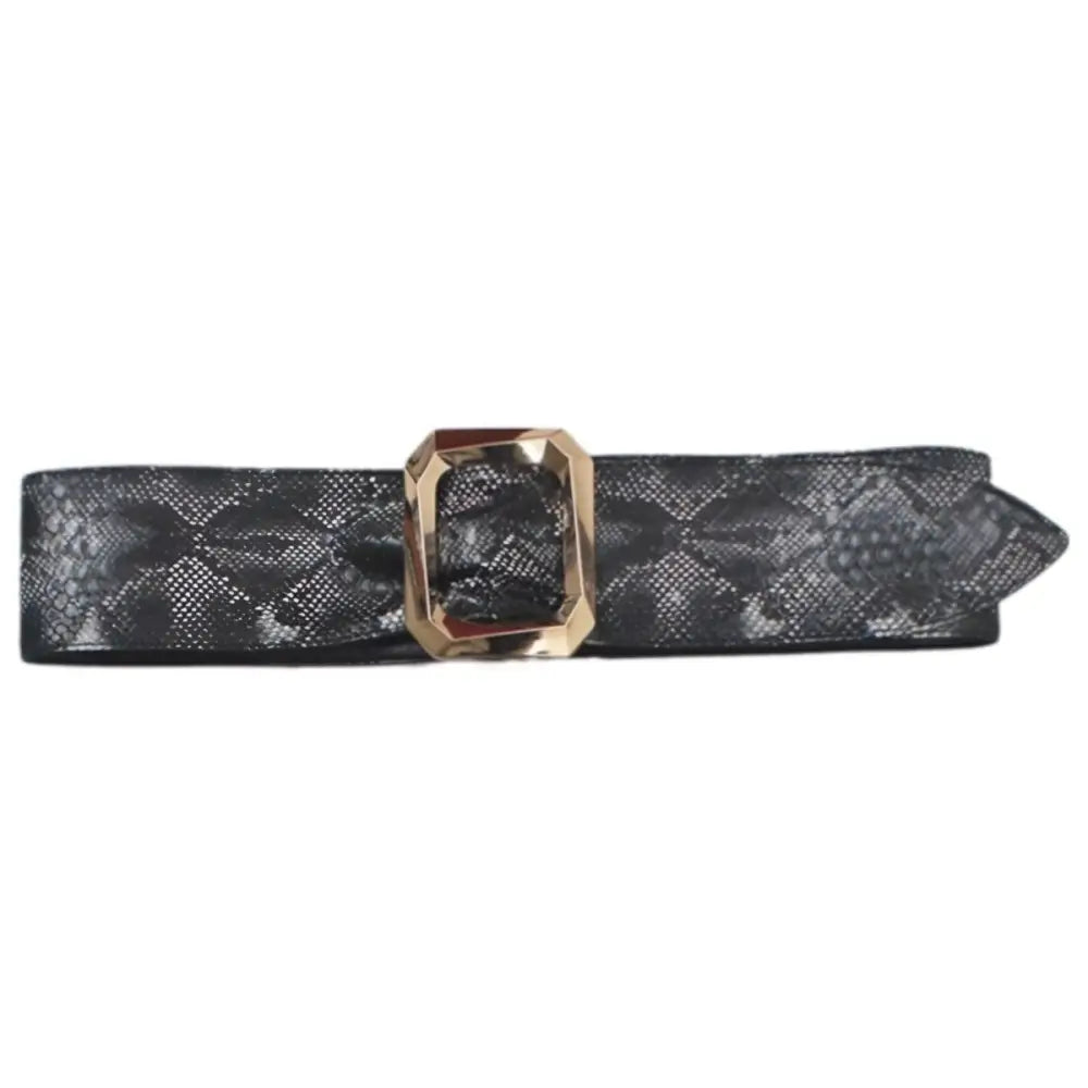 Leopard print belt with gold buckle for stylish black dresses, featuring black snakeskin texture