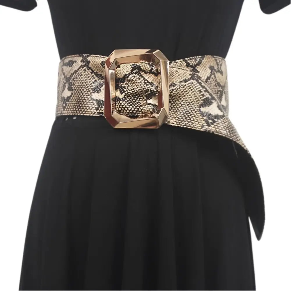 Leopard print belt with snakeskin pattern and gold buckle for stylish black dresses