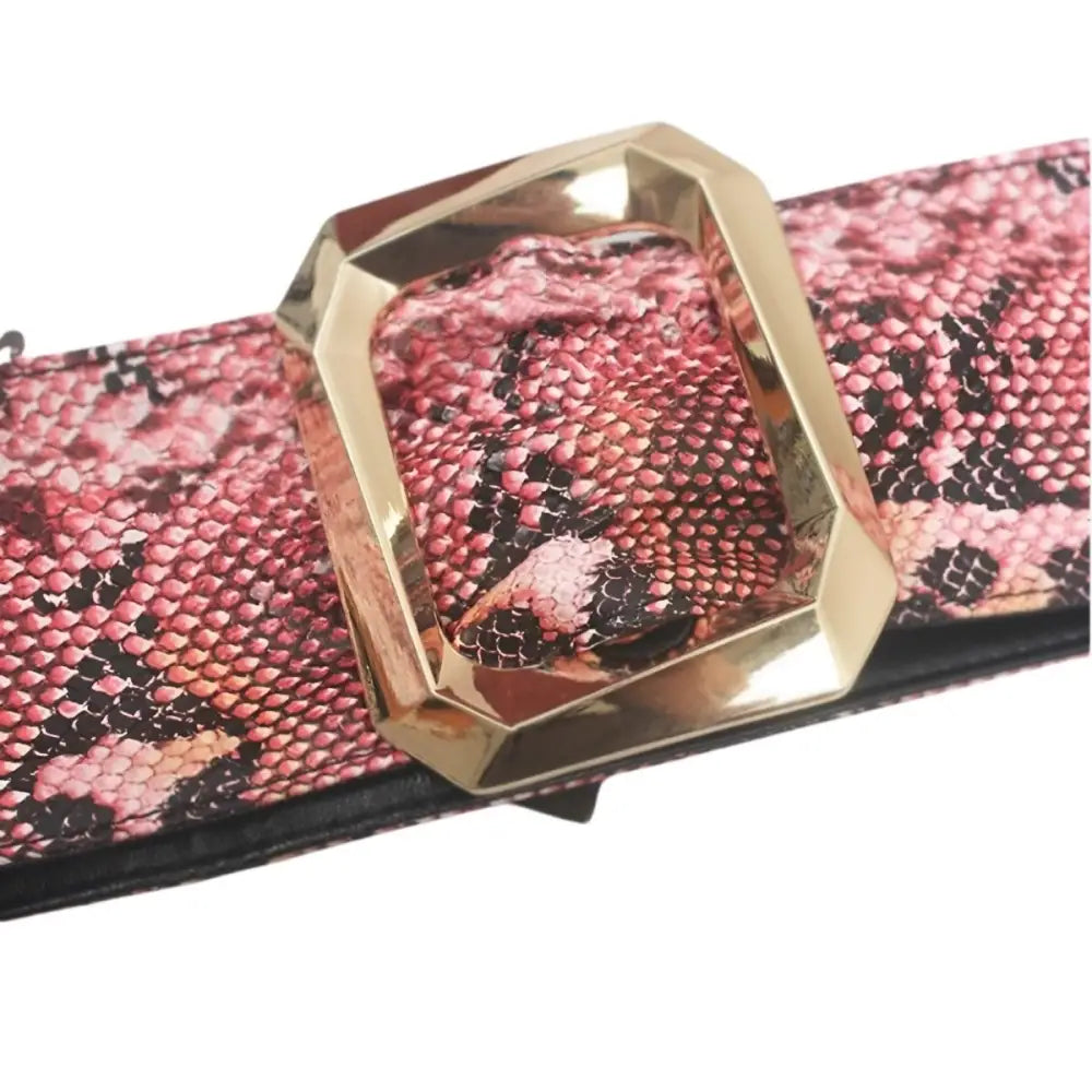 Pink snakeskin leopard print belt with gold buckle for stylish black dresses