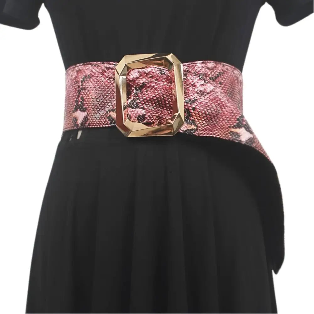 Pink snakeskin leopard print belt with gold buckle for stylish black dresses