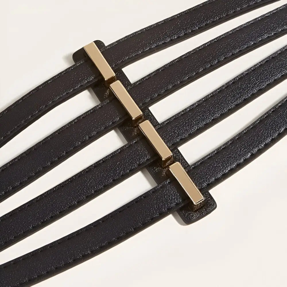 Black faux leather waist belt with gold accents displayed in the product image