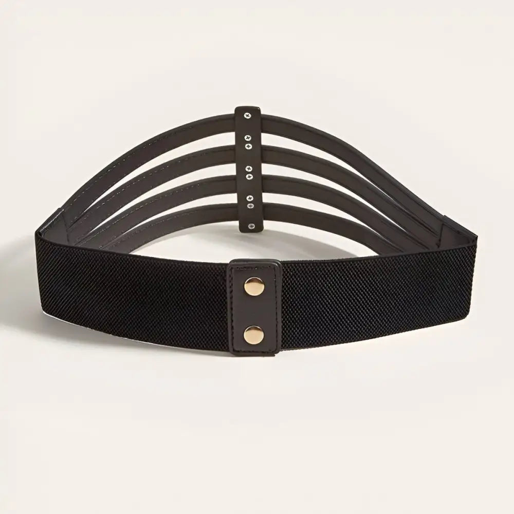Black elastic waist belt with multiple straps and gold accents for stylish fashion accessory