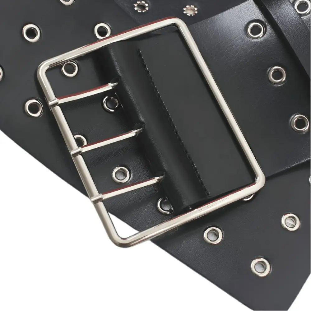 Black leather grommet belt with silver buckle suitable for large XXL waist sizes