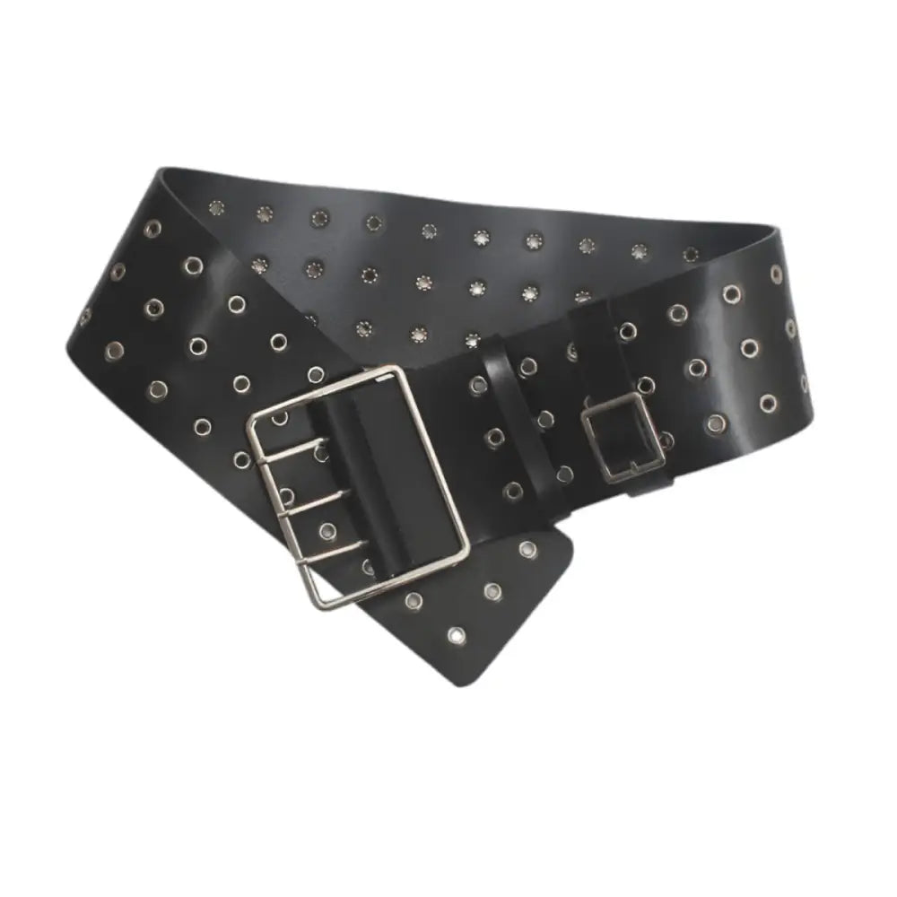 Black leather grommet belt with silver buckle for Large XXL waist sizes