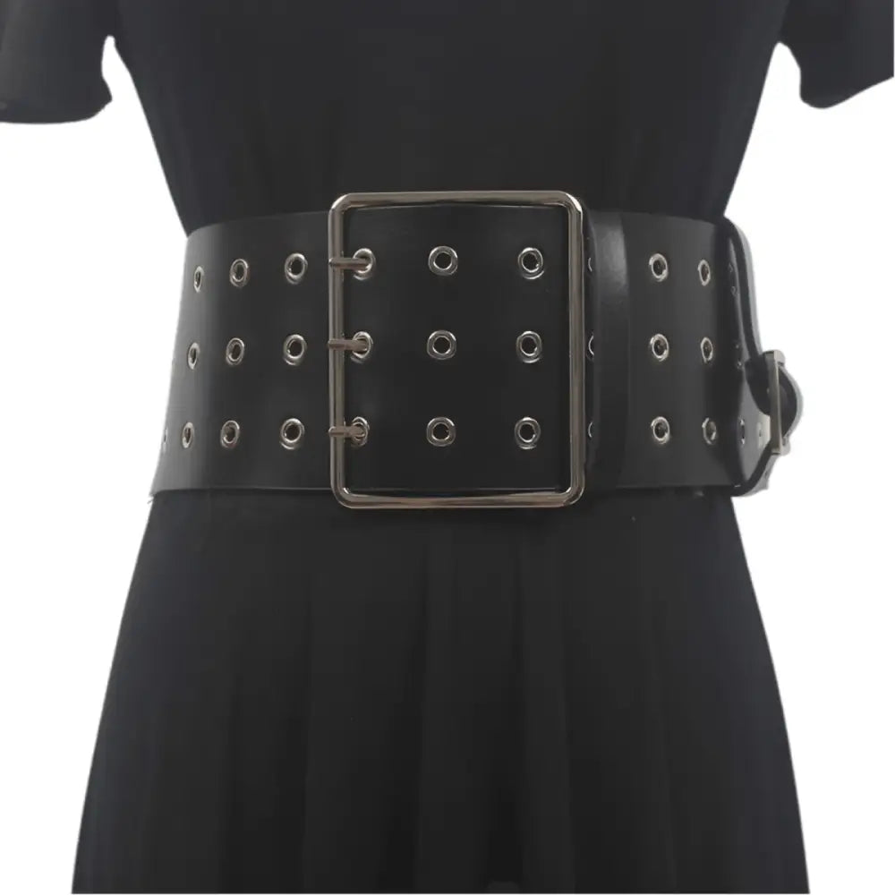 Wide black grommet belt in leather for large XXL and extra large waist sizes