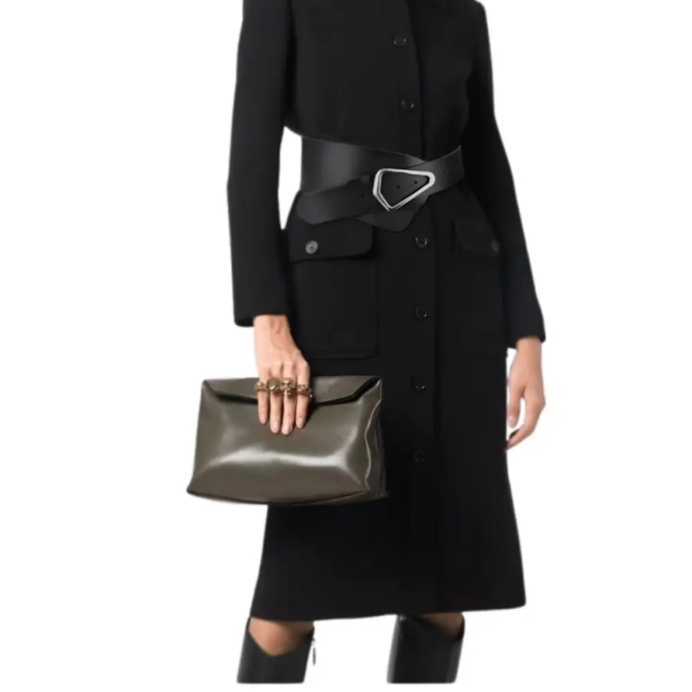 Black belted coat with gray clutch, perfect for extra large and large XXL fashion