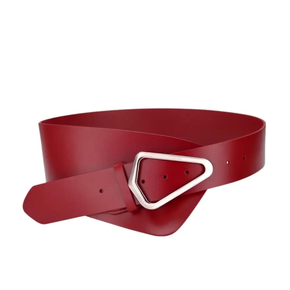Red leather belt with silver triangular buckle in extra large XXL size