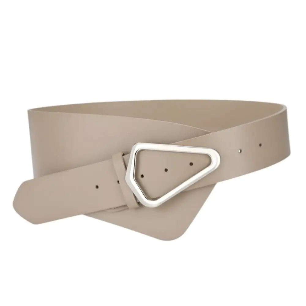 Beige leather belt with silver triangular buckle in large XXL size for extra large fit