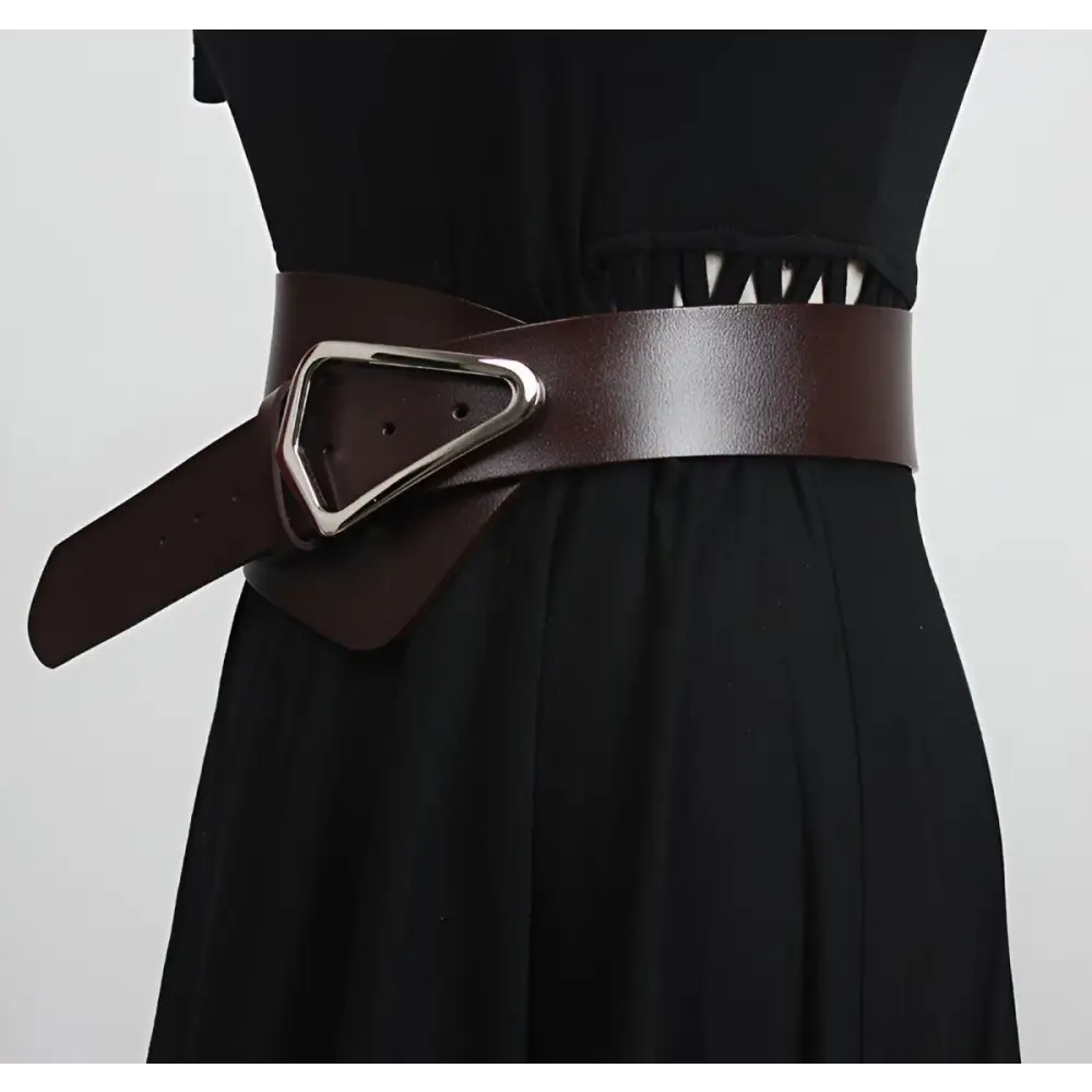 Brown leather belt with silver triangular buckle in large XXL size for extra large waist