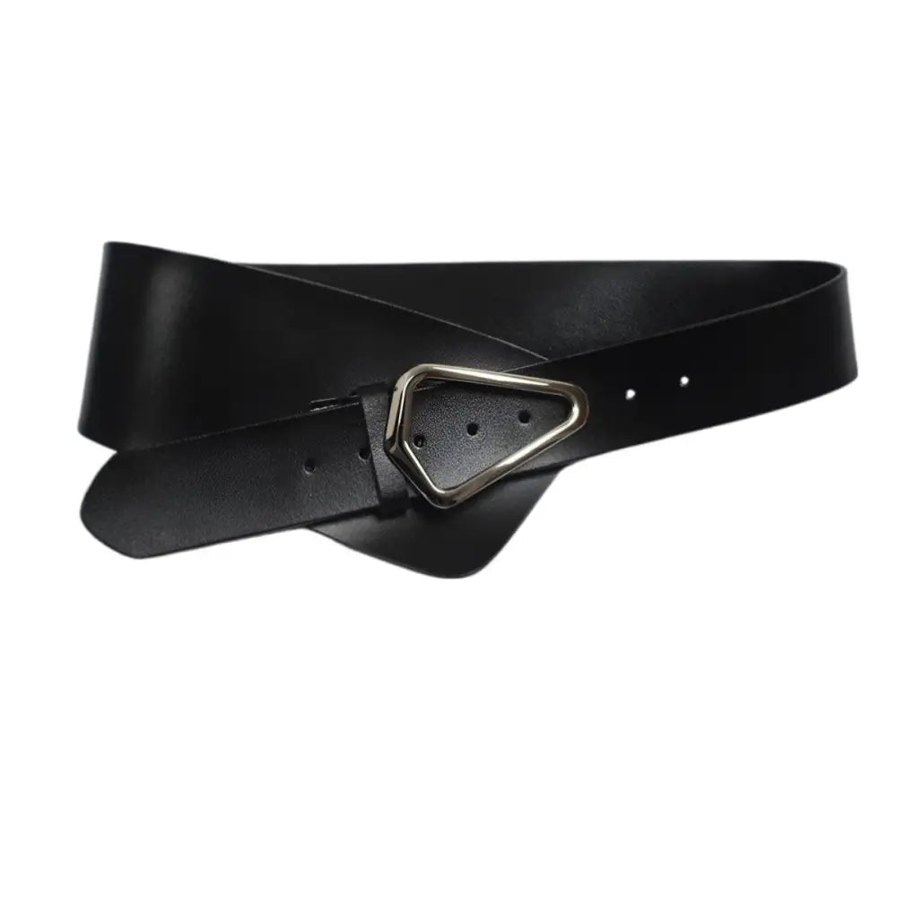 Black leather belt with silver triangular buckle in large XXL size, extra large options