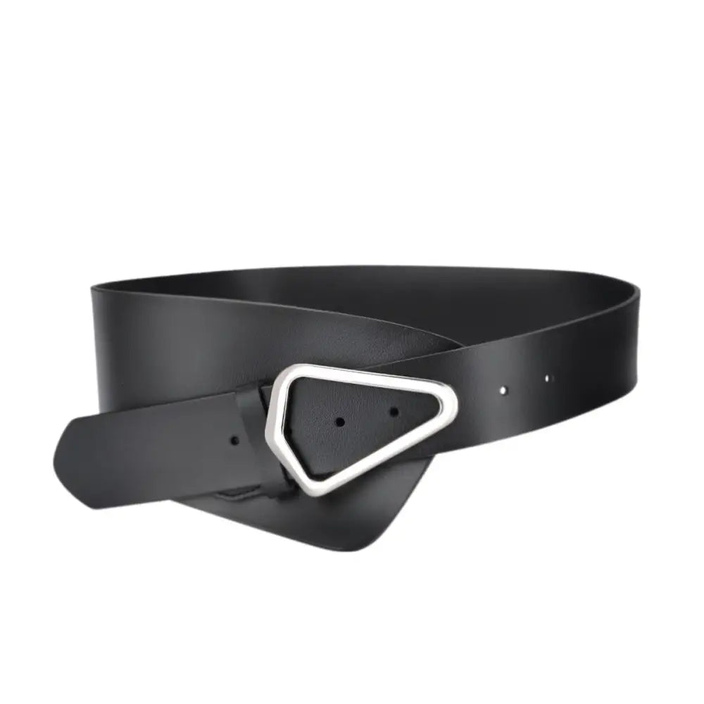 Black leather belt with silver triangular buckle in extra large XXL size for men