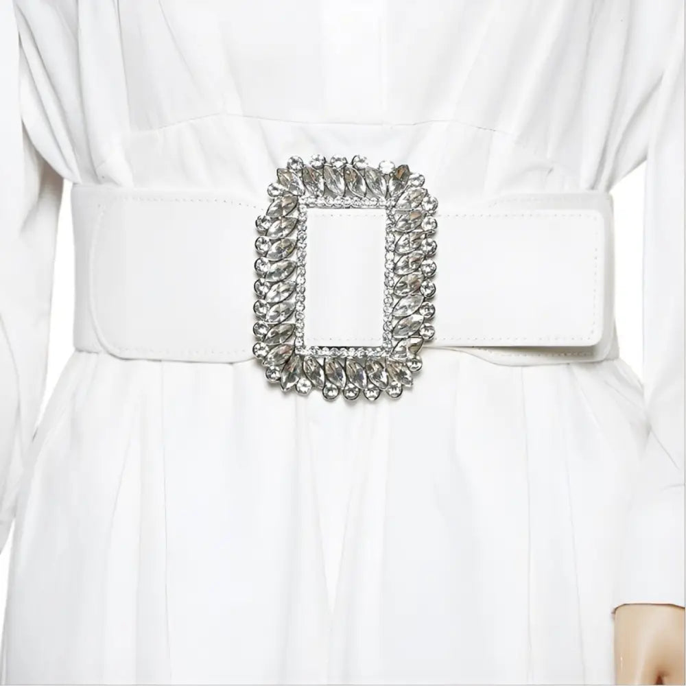 White belt with jeweled buckle from Jeweled Elastic Belts in Black and White for Large XXL sizes