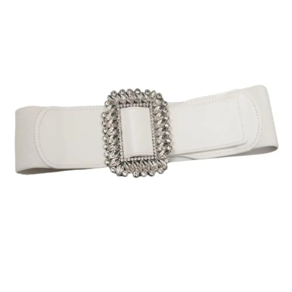 White belt with jeweled buckle for large XXL and extra large sizes in Jeweled Elastic Belts