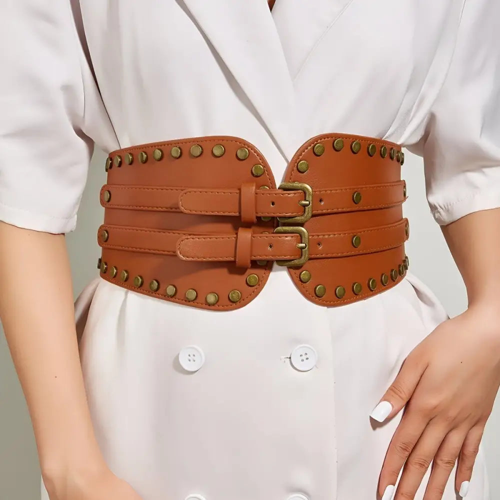 Brown studded corset belt from Isaline XXL Belt with Studded Design for stylish waist enhancement